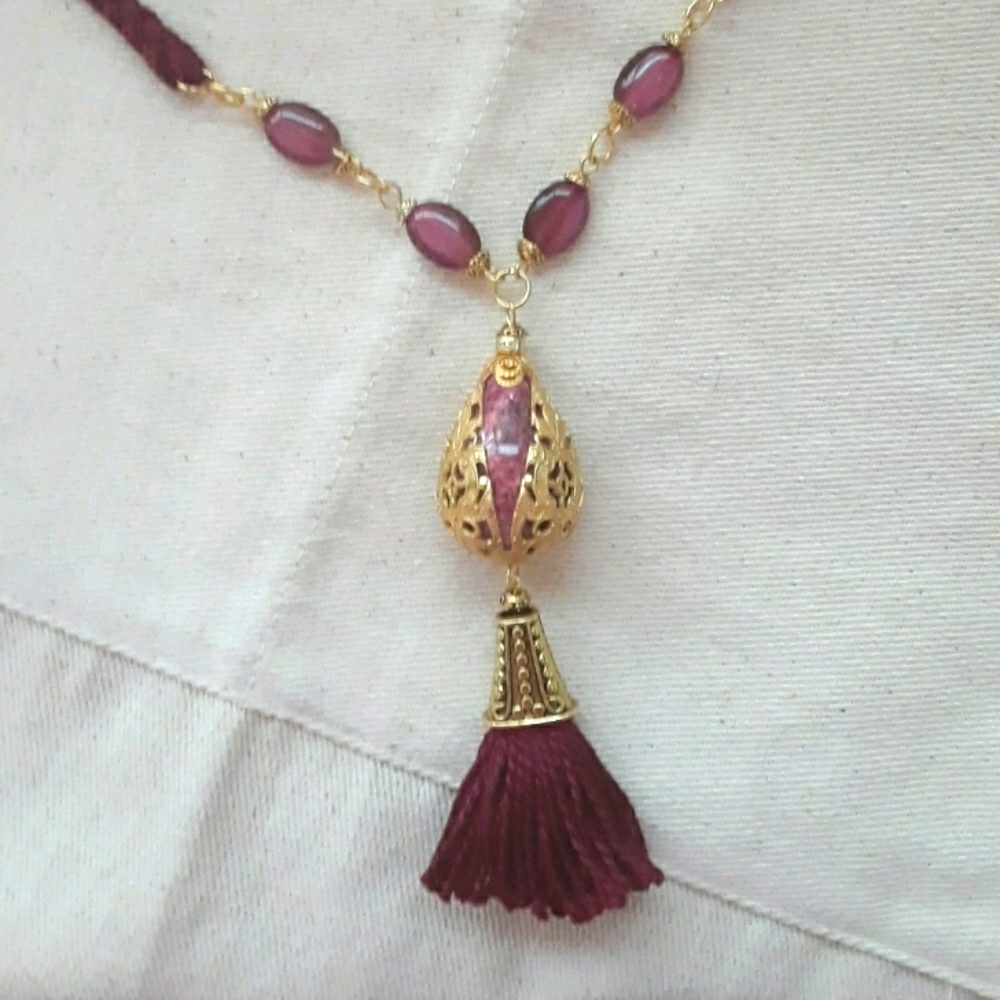 Gold and Burgundy tassle necklace.